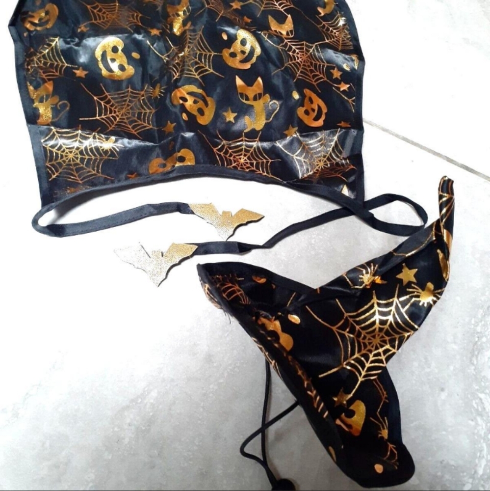 WITCH Pet Costume *NEW* Black Cape & Witch's Hat GOLD Stars Spiderweb Cats